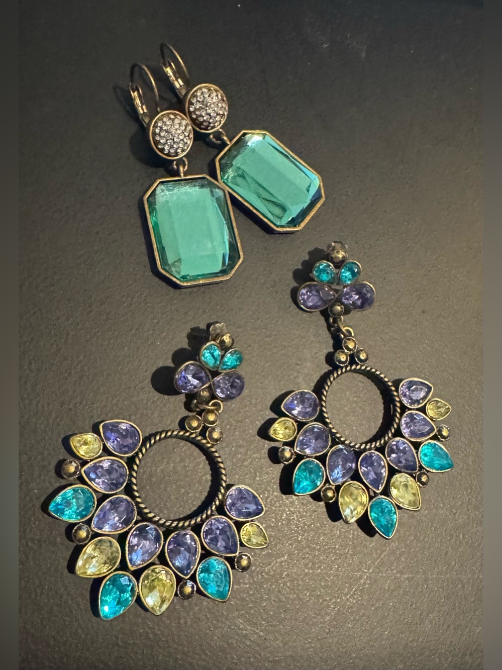 Multi-Color Teardrop Crystal Hoop Earrings - Green & Purple